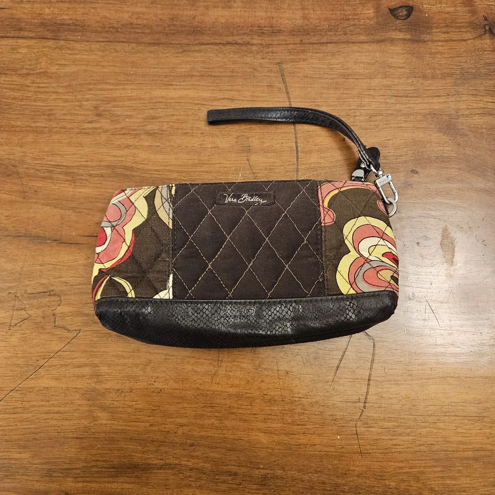 Vera‎ Bradley Wristlet Wallet Puccini Brown Floral Swirl Small Make Up Pouch Bag